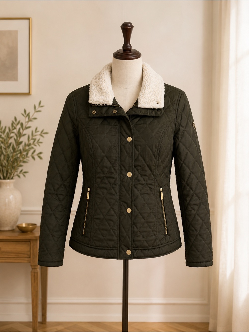 Michael Kors Quilted Jacket Small Olive Sherpa Collar Brushed Antique Goldtone